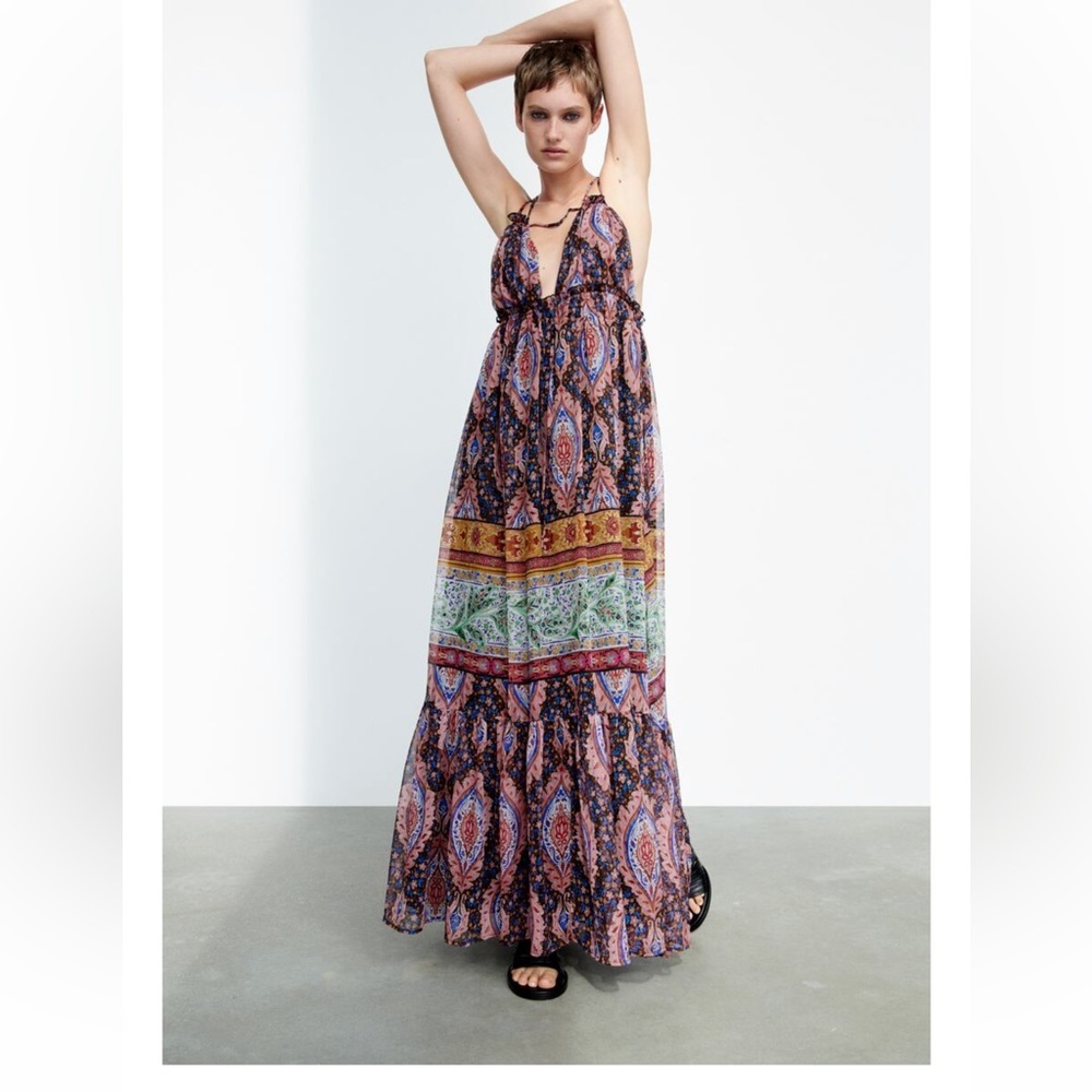 Zara NWT $129 Maxi Multicolored Dress Size S Voluminous Ref 8627/359